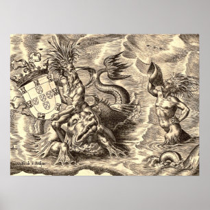 Póster Poseidon e mapa do mundo do golfinho
