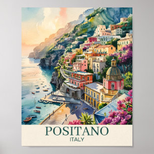 Poster Positano Itália Costa Amalfi Paisagem Aquarela