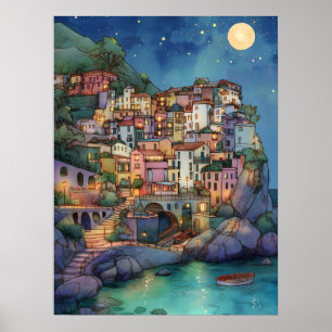 Poster Positano, Itália - Vila Costeira e Céu Estrelado