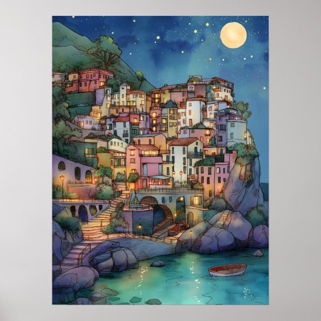 Poster Positano, Itália - Vila Costeira e Céu Estrelado (Frente)