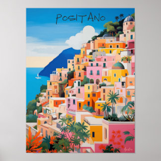 Poster Positano Italy Travel City Art Painting Aesthetic