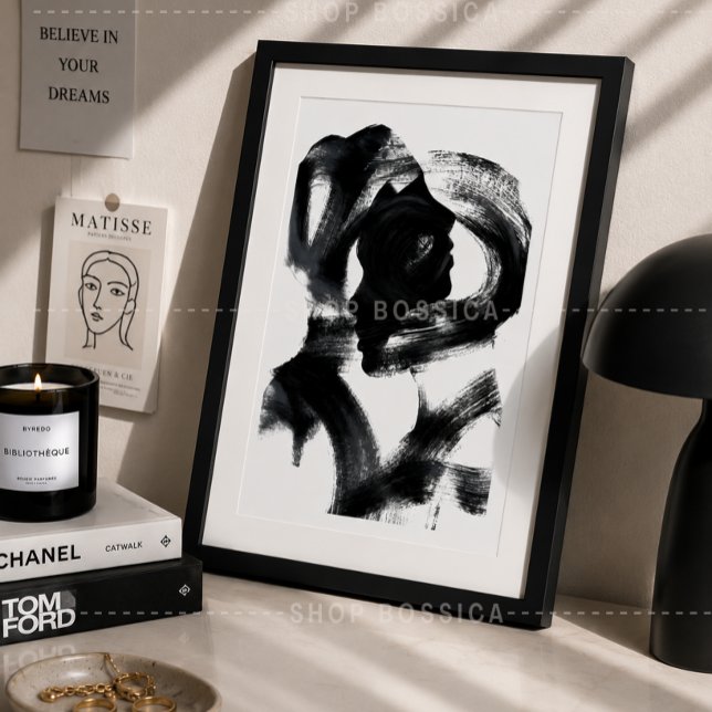 Poster Pôster Abstrato Preto e Branco Silhueta de Mulher (Abstract Black & White Woman Silhouette Framed Poster | Modern Minimalist Wall Art Print )