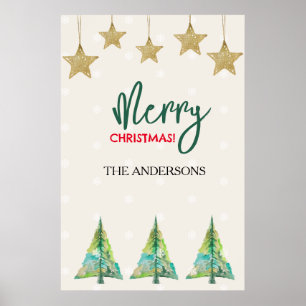 Poster Pôster Árvore Aquarela Colorida e Estrelas Dourada