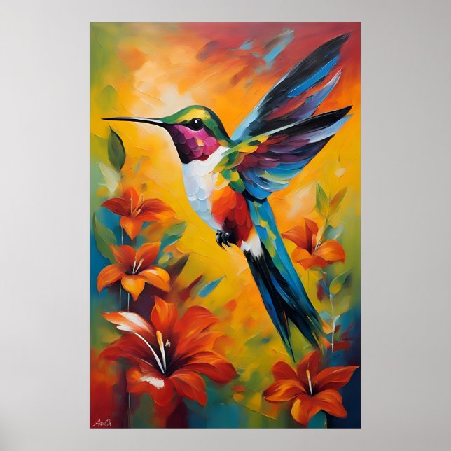 Poster Pôster | Beija-flor | Estilo de pintura a óleo (Frente)