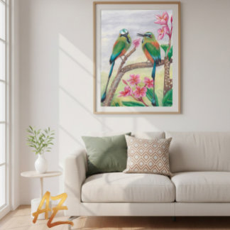 Póster Poster Birds and rose flowers fine wall art Deco