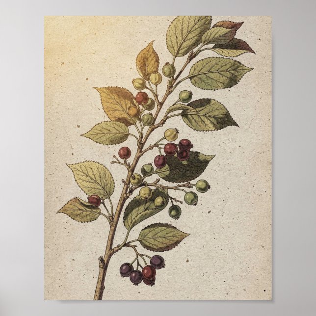 Poster Pôster Botânico de Galho de Serviceberry com Fruta (Frente)