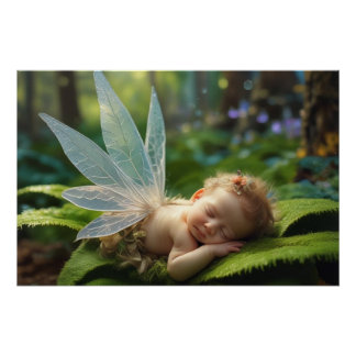 Póster Poster Brilhante de Fada Bebê na Floresta Mágica