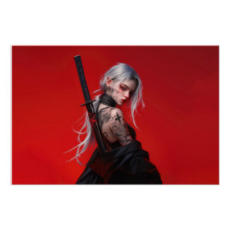 Póster Pôster Brilhante de Katana de Guerreira Anime
