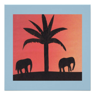 Póster Poster com Silhouettes de Elefantes e uma Palma