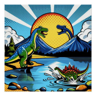 Póster Poster con paisaje de dinosaurios