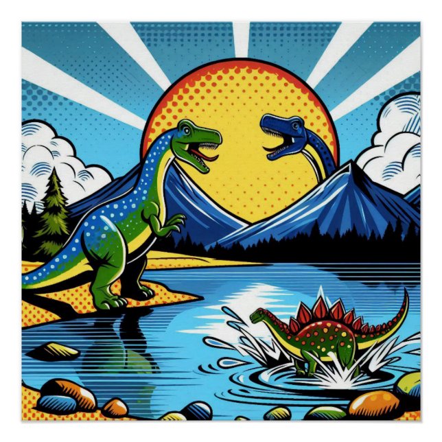 Póster Poster con paisaje de dinosaurios (Frente)