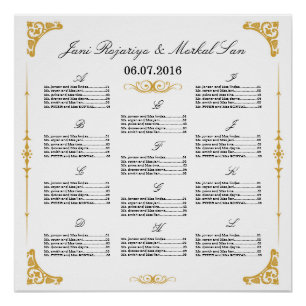 Póster Poster da carta do assento do casamento dourado