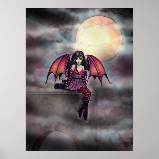 Poster Pôster da pequena fada vampira gótica e gato (Frente)