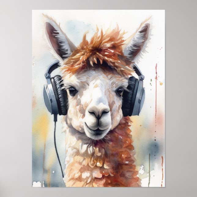 Poster Pôster de Alpaca da Music Factory com Fones de Ouv (Frente)