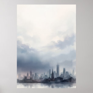 Poster Pôster de aquarela da silhueta da cidade azul cinz