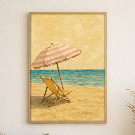 Poster Pôster de Aquarela de Guarda-Sol e Cadeira de Prai