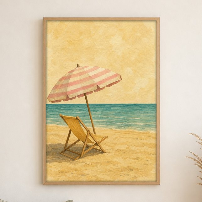 Poster Pôster de Aquarela de Guarda-Sol e Cadeira de Prai (Shown framed for scale. Poster ships unframed; frames are an optional add-on.)