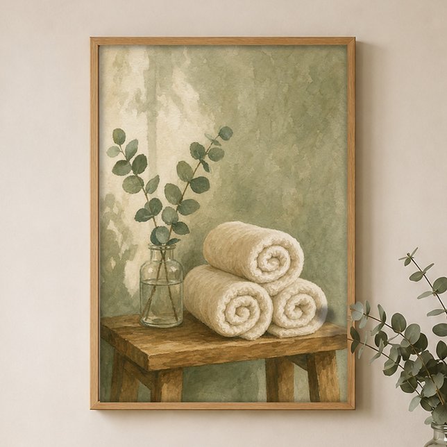 Poster Pôster de Aquarela de Toalhas Enroladas e Eucalipt (Shown framed for scale. Poster ships unframed; frames are an optional add-on.)