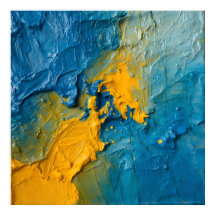 Pôster de Arte Abstrata em Impasto Azul e Dourado 