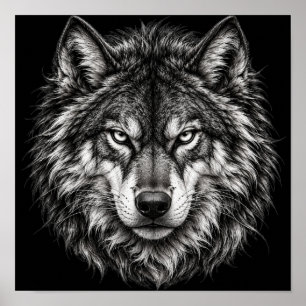 Poster Pôster de Arte com Cabeça de Lobo Alfa Preto e Bra