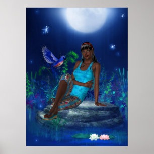 Póster Pôster de Arte Fantasia Garota Pássaro Luar