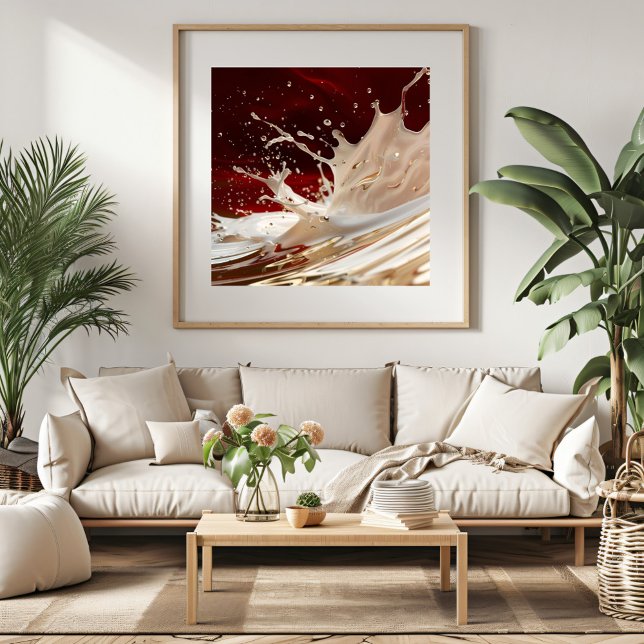 Poster Pôster de Arte Fluida com respingos de creme e ver (Add a bold statement to your home with this stunning red and beige abstract artwork.)