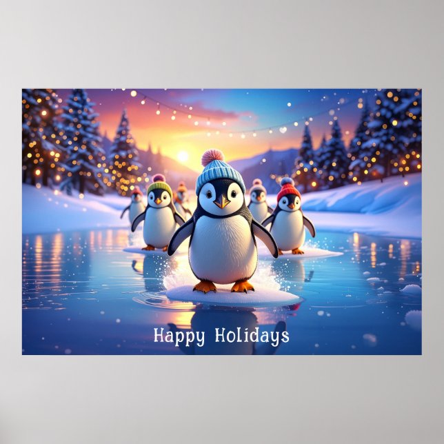 Poster Pôster de Árvore com Pingüins Fofos em Chapéus de  (Frente)
