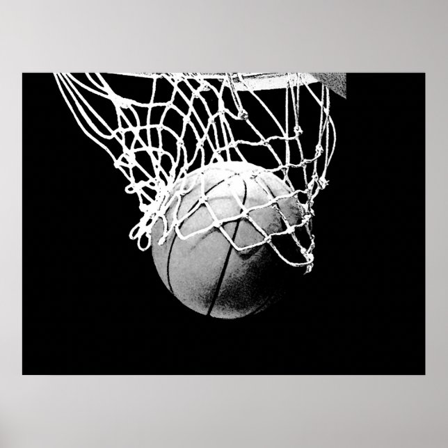 Póster Pôster de Basquete B&W Bola e Rede (Frente)