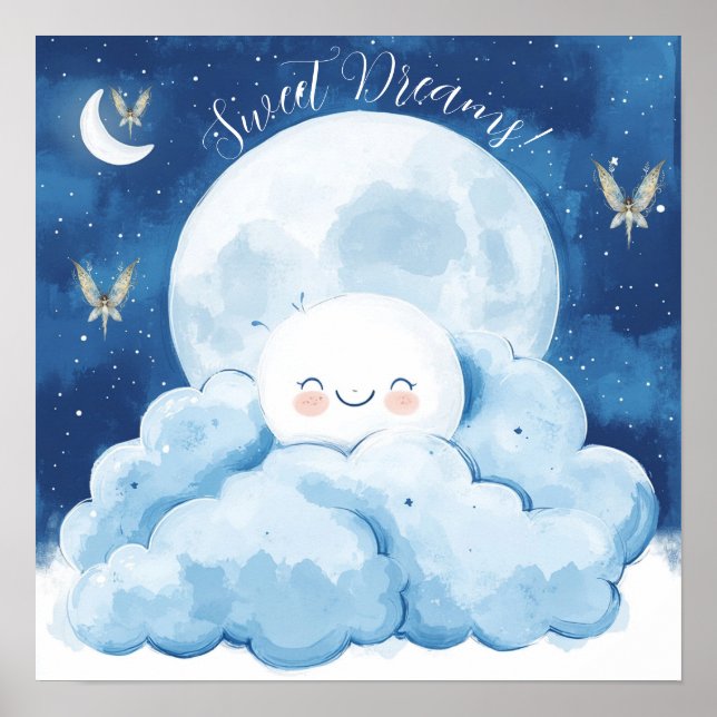 Poster Pôster de Berçário Céu Noturno Azul Sonhos Doces (Frente)