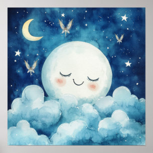 Poster Pôster de Berçário Céu Noturno Azul Sonhos Doces
