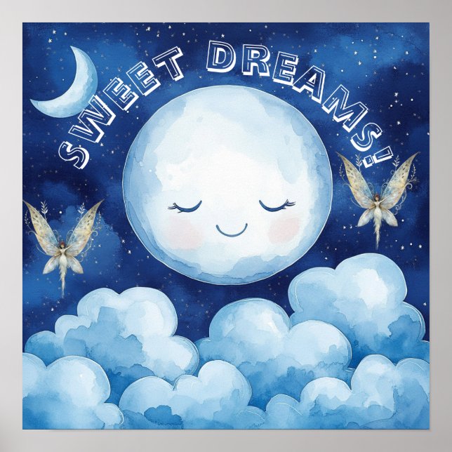 Poster Pôster de Berçário Céu Noturno Azul Sonhos Doces (Frente)