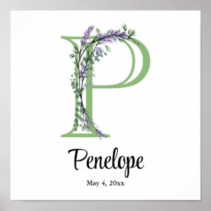 Poster Pôster de berçário Monograma P Lavanda Eucalipto