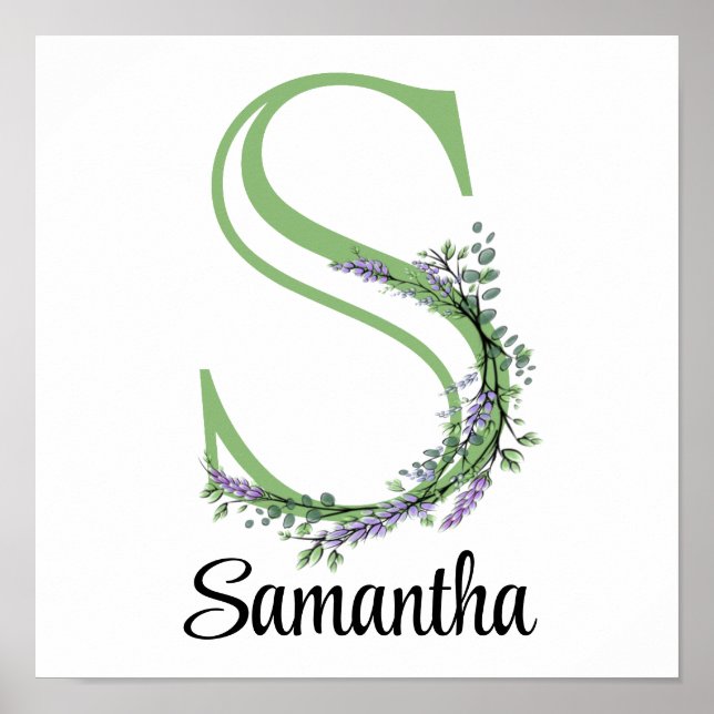 Poster Pôster de berçário Monograma S Lavanda Eucalipto (Frente)