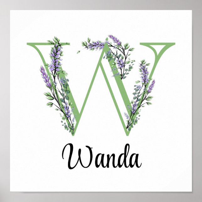 Poster Pôster de berçário Monograma W Lavanda Eucalipto (Frente)