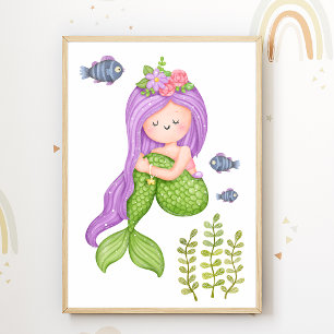 Poster Pôster de Berçário Sereia Oceano Decoração de Quar