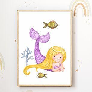 Poster Pôster de Berçário Sereia Oceano Decoração de Quar