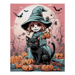 Póster Poster de bruxa zumbi de Halloween com gato preto