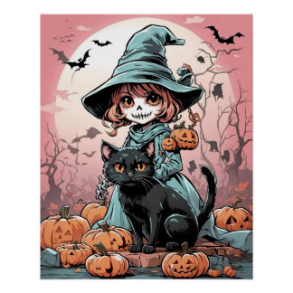 Póster Poster de bruxa zumbi de Halloween com gato preto