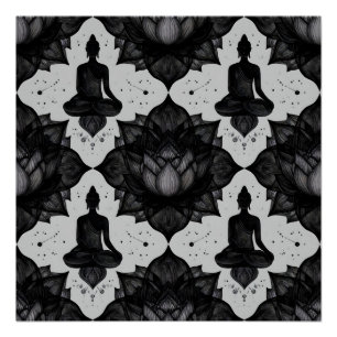 Póster Pôster de Buda Meditando com Padrão Zen de Lótus P
