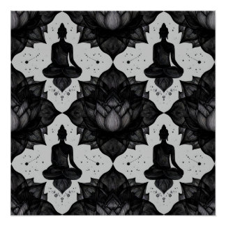 Póster Pôster de Buda Meditando com Padrão Zen de Lótus P
