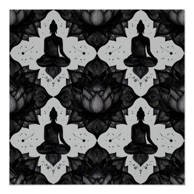 Póster Pôster de Buda Meditando com Padrão Zen de Lótus P (Frente)