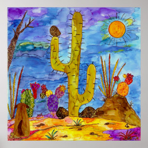 Póster Pôster de Cachorro no Deserto Colorido de Cacto pe