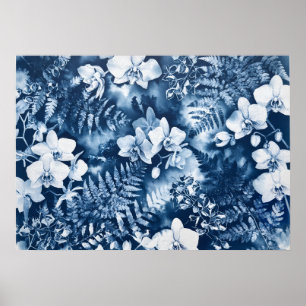 Poster Pôster de Cianotipia Tropical Orquídea Índigo Sama