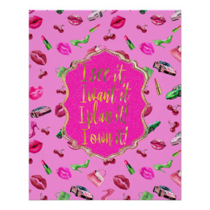 Póster Pôster de Citação Glam Motif Rosa e Verde 