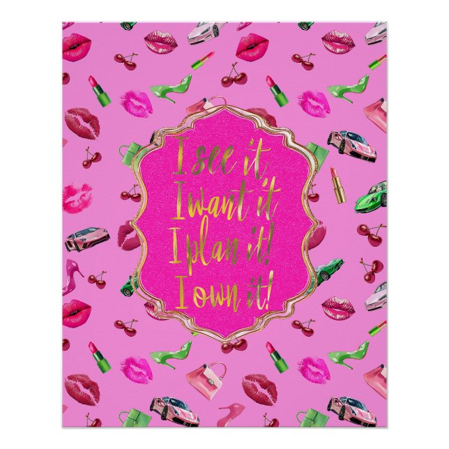 Póster Pôster de Citação Glam Motif Rosa e Verde  (Frente)