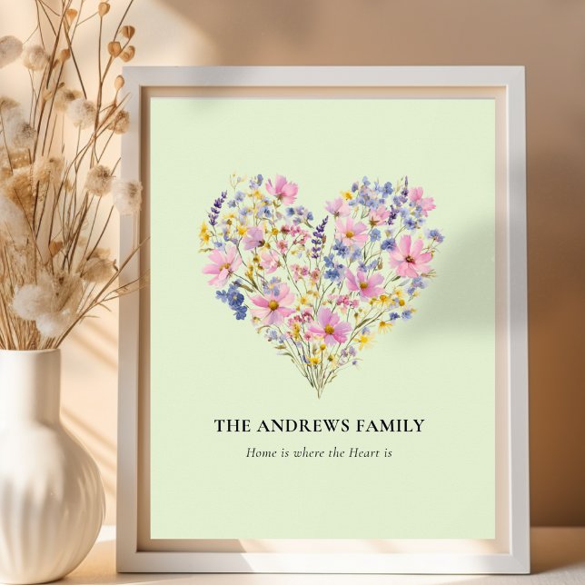 Poster Pôster de Coração de Flor Silvestre com Sobrenome  (Custom Family Name Wildflower Heart Poster)