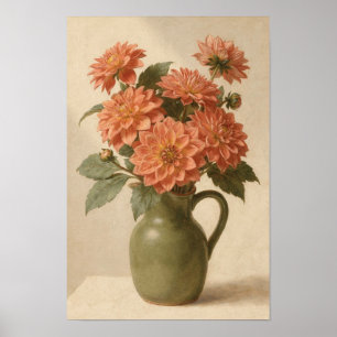 Poster Pôster de Dahlias Coral em Jarro Verde Oliva
