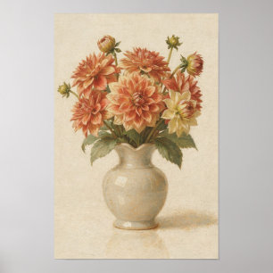 Poster Pôster de Dahlias Coral em Vaso de Marfim