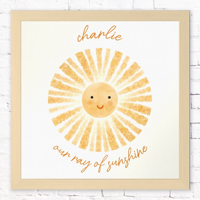 Poster Pôster de decoração de berçário personalizado Raio (Our ray of sunshine personalized custom text happy watercolor sun poster for nursery decor)