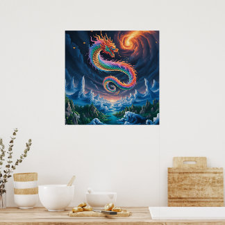 Poster Pôster de Dragão Respirando Fogo ao Estilo Chinês
